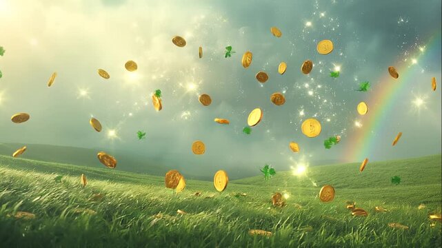 Coins, shamrocks, and four-leaf clovers rain down over lush green hills under a cloudy sky with rainbow traces, symbolizing luck and fortune