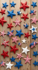 Obraz premium Patriotic stars and flags on wood.
