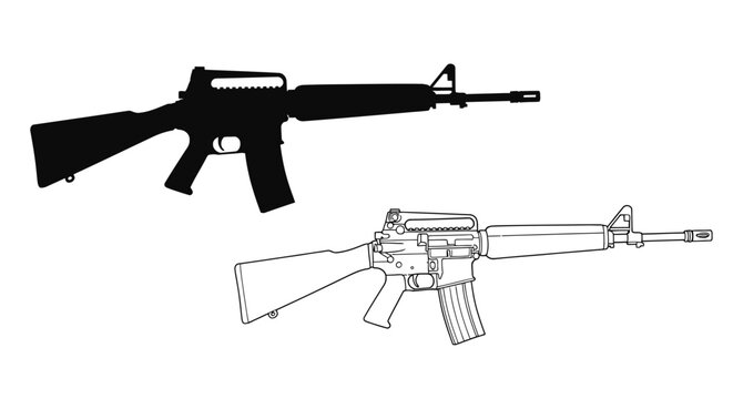 Two depictions of an ar 15 style rifle in contrasting styles