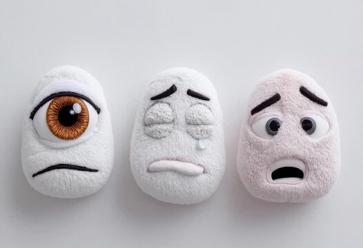 Tres peluches con expresiones de sorpresa, tristeza y preocupaci&oacute;n.
