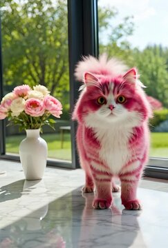Un gato persa de color rosa vibrante levanta sus patas en un gesto de alegr&iacute;a en un sal&oacute;n moderno y luminoso.