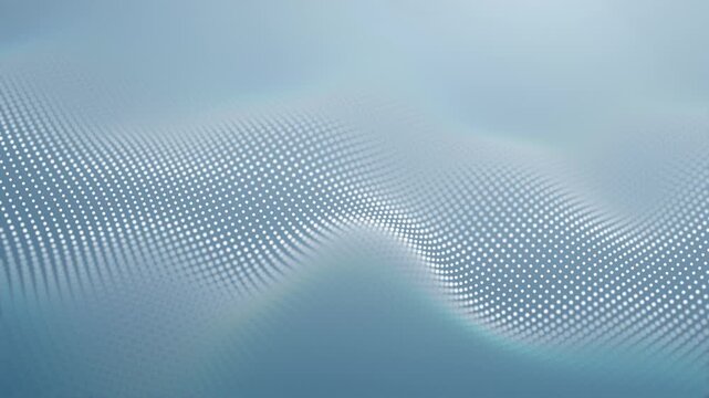Soft blue dots form multicolored undulating space against deep white luminosity sea. Overlay diffuse rainbow data stream waves. looping scientific blur particles waves soft light wave