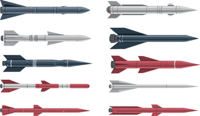 Fototapeta premium Flat design modern missile collection, detailed military rocket set with guided weapons, defense technology illustration, tactical warfare equipment vector isolated