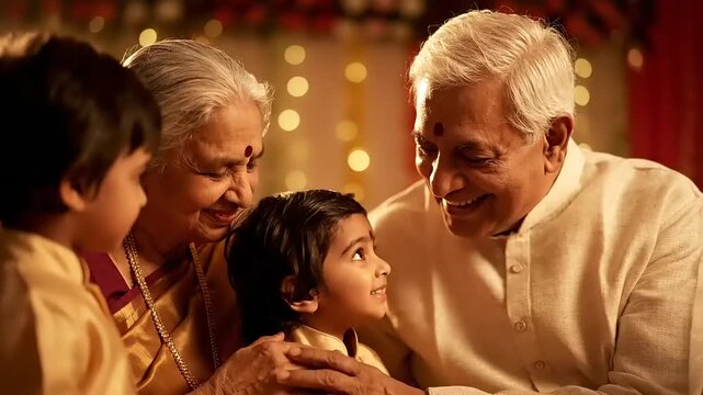 Happy Indian Grandparents Cherishing Moments with Grandchildren.
