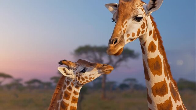 Two giraffes with long necks and patterned fur touch heads in a savannah landscape under a dusky sky