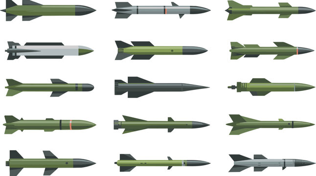 Military missile and rocket collection illustration, modern defense weapon systems, ballistic and cruise rockets vector set isolated background