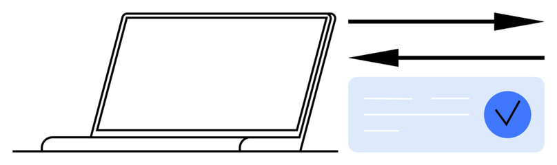 Obraz premium Data sharing, online security, digital signatures, identity authentication, technology communication, remote access. Laptop connected to a document with a checkmark. Data sharing and online security