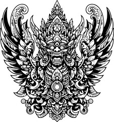 Fototapeta premium Majestic Golden Garuda Emblem in Intricate Engraving Style, Featuring Spreading Wings, Fierce Expression, and Ornate Balinese Thai Decorative Motifs