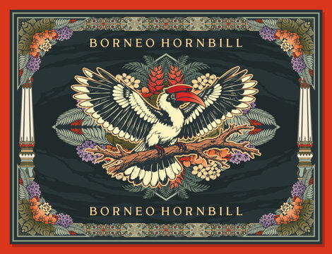 Vintage Tropical Hornbill Bird Frame Template with Jungle Floral Ornamental Design