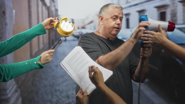 Man holding blue handset to ear while hands offer megaphone, alarm clock and papers on a street; stress confusion.