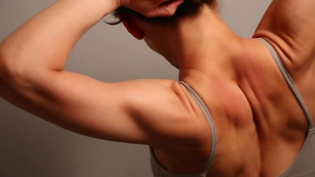 Athletic sport body woman doing stretching exercises for health neck, shoulders, upper back. Fit naked muscles model in bra isolated in studio light with copy space. Back view closeup