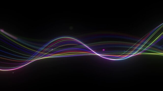 Abstract multicolor neon wave lines flowing on dark background. Vibrant rainbow light streaks forming smooth dynamic waveform with glowing highlights and soft depth. Futuristic seamless loop 4K.