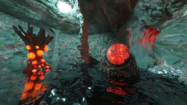 奇妙な植物が生えている洞窟　3DCGレンダリング