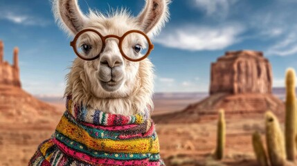 Fototapeta premium Stylish Llama in Colorful Poncho with Round Glasses in Desert Landscape
