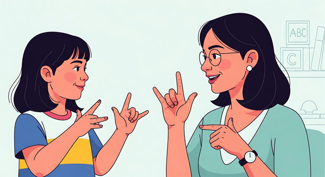 A woman and a young girl communicating with each other using sign language in a colorful illustration.