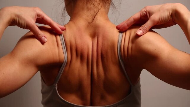 Athletic sport body woman doing stretching exercise for health neck, shoulders, upper back. Fit naked muscles model in bra isolated in studio light with copy space. Back view closeup