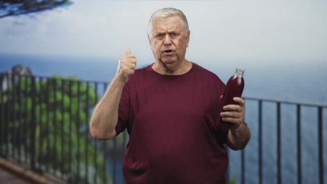 Man holding bottle of pomegranate juice, gesturing with hand and grimacing while wearing maroon shirt on a building balcony railing overlooking the sea; skepticism tasting.