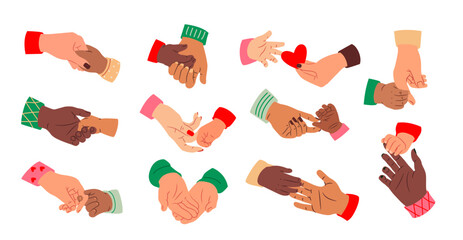 Set of family hands. Stickers with mothers and fathers hands reaching out to their children hands. Love and support of parents. Flat vector illustration collection isolated on background