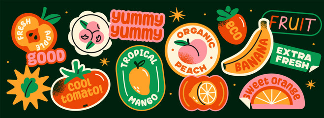 Groovy fruit labels set. Funky stickers with apple, peach, banana, avocado, and mango. Trendy doodle patches and stamps for packaging. Flat vector illustration collection isolated on background © 100% HAND-CRAFTED