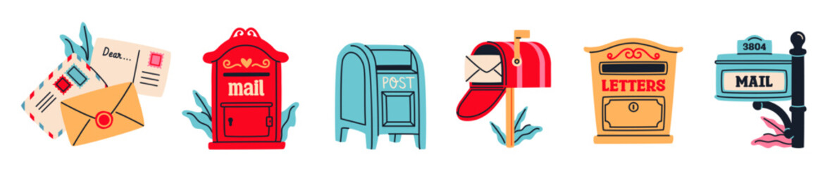 Postal service sticker set. Colorful patches with mailboxes, postboxes, letters, envelopes with mail and correspondence. Printable designs. Flat vector illustration collection isolated on background
