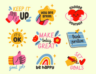 Set of motivational stickers. Doodle patches for daily planners, diaries, and scrapbooking. Keep it up, good job, you are great. Hand drawn vector illustration collection isolated on background