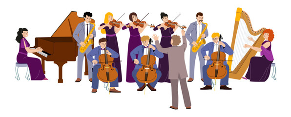Musical orchestra on stage. Classical music concert featuring symphony orchestra. Musicians play cello, violin, piano, saxophone, and harp. Flat vector illustration isolated on background