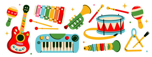 Set of children musical instruments. Stickers with childrens guitar, drums, piano, trumpet, and maracas. Musical toys for playing. Flat vector illustration collection isolated on background