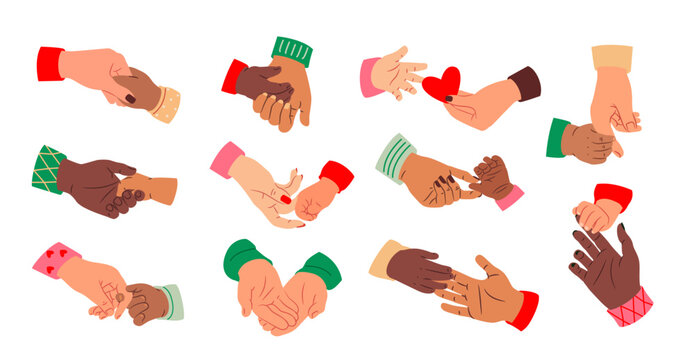 Set of family hands. Stickers with mothers and fathers hands reaching out to their children hands. Love and support of parents. Flat vector illustration collection isolated on background