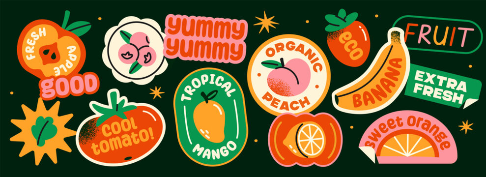 Groovy fruit labels set. Funky stickers with apple, peach, banana, avocado, and mango. Trendy doodle patches and stamps for packaging. Flat vector illustration collection isolated on background