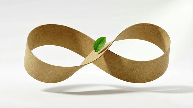 Sustainable circular economy concept with cardboard infinity symbol and green leaf