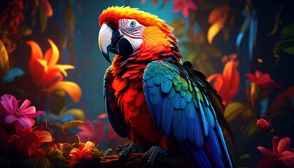 Obraz premium Vibrant plumage of the macaw amidst a lush, painterly floral backdrop