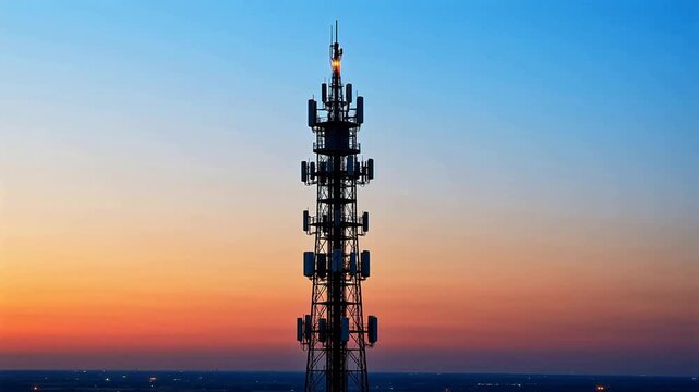 Cellular tower against sunset sky