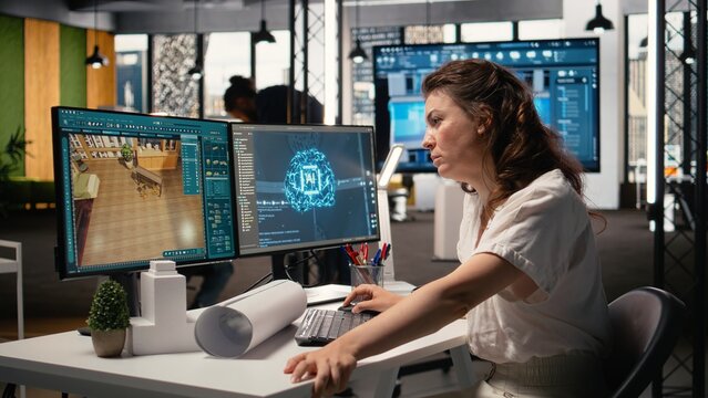 Real estate analyst uses artificial intelligence for blueprint design and project development, machine learning and big data analytics enables AI engineering for commercial property.
