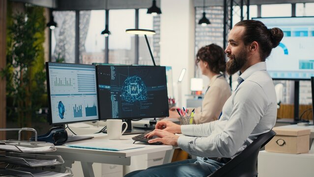 IT specialist uses AI neural networks for data sharing and digitalization, working in a multinational company with automation tools. Artificial intelligence models for business success.