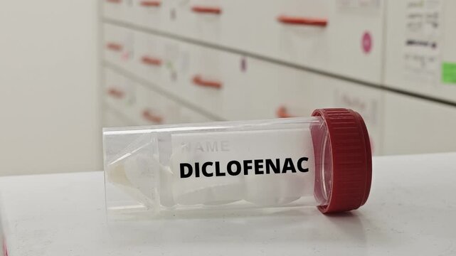 DICLOFENAC plastic box of tablets on hospital pharmacy shelf; anti-inflammatory medication in labeled packaging, clinical setting, front-facing perspective highlighting pain relief use.
