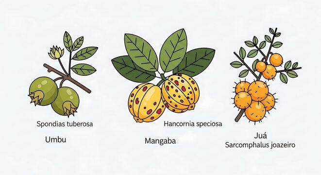 A colorful vector illustration of three types of exotic fruit with leaves and branches