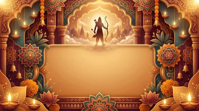 Serene 3D Vector Ram Navami Temple Arch and Rama Silhouette