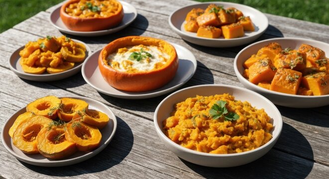 Various pumpkin dishes, roasted and stewed, presented on white plates over a wooden table