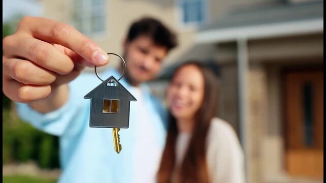 Happy couple showing keys to new home and boxes for moving success, mortgage or purchase of property together. Excited portrait of man and woman or people in front of their house or apartment for real