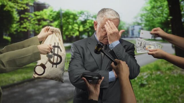 Man in suit with arms crossed as cash is offered and money bag with handcuffs held up on street; guilt corruption revelation.