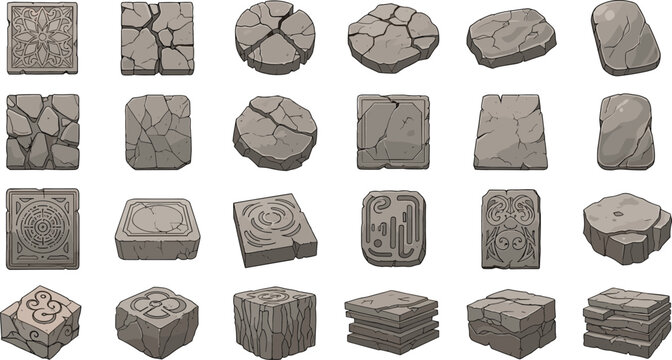 Collection of various stone blocks and rocks with different textures and designs for game or architectural use