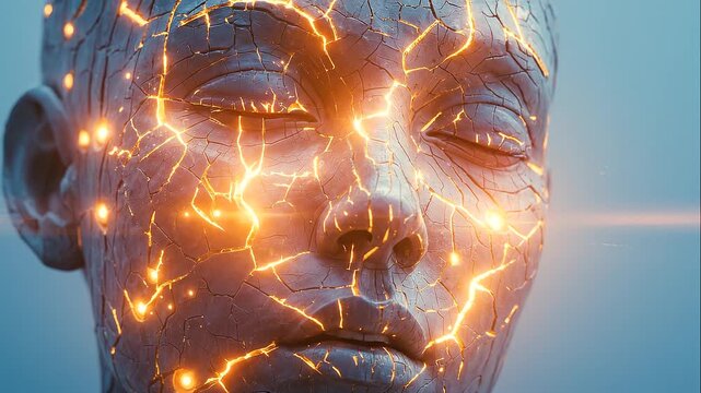 Glowing cracked blue human face with illuminated lines, closed eyes, serene expression, and a calm blue background