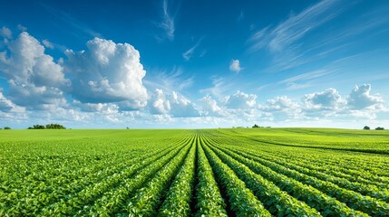 A vast green field of crops under a blue sky with white clouds
