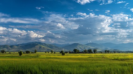Fototapeta premium A serene landscape of a green field with mountains in the background under a blue sky with clouds