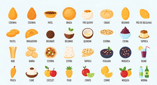 A colorful vector graphic illustration of various traditional Brazilian foods and desserts