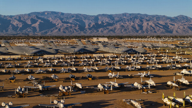 Tucson, United States - 06 February 2025: Aerial view of rows of retired airplanes baking in the desert sun at the 309th Aerospace Maintenance and Regeneration Group (AMARG).