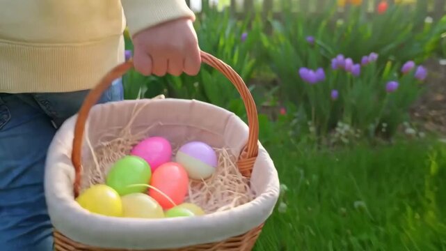 Children joyfully participate in an Easter egg hunt in a sunny park. They gather colorful eggs into a wicker basket and walk barefoot on lush grass, enjoying a cheerful spring celebration. Happy Easte