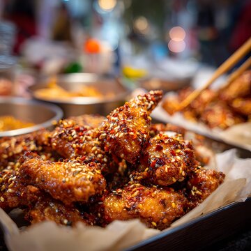Savoring taste of world bustling market of Seoul mouthful of crispy spicy Dak ghanjeong Chicken wing explodes flavor clean professional stock photo sharp macro photography style cinematic realism