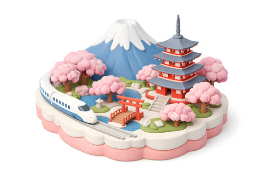 3D Isometric Japan Mount Fuji and Pagoda Travel Concept