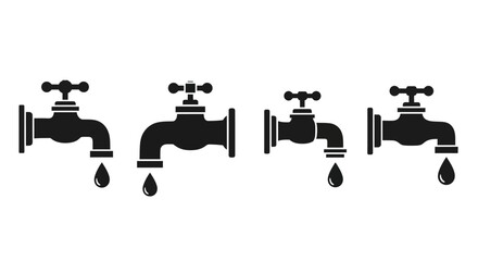 Fototapeta premium Illustrative collection of black silhouette water taps with single dripping drops, symbolizing water leakage, conservation efforts, and the importance of preserving precious water resources